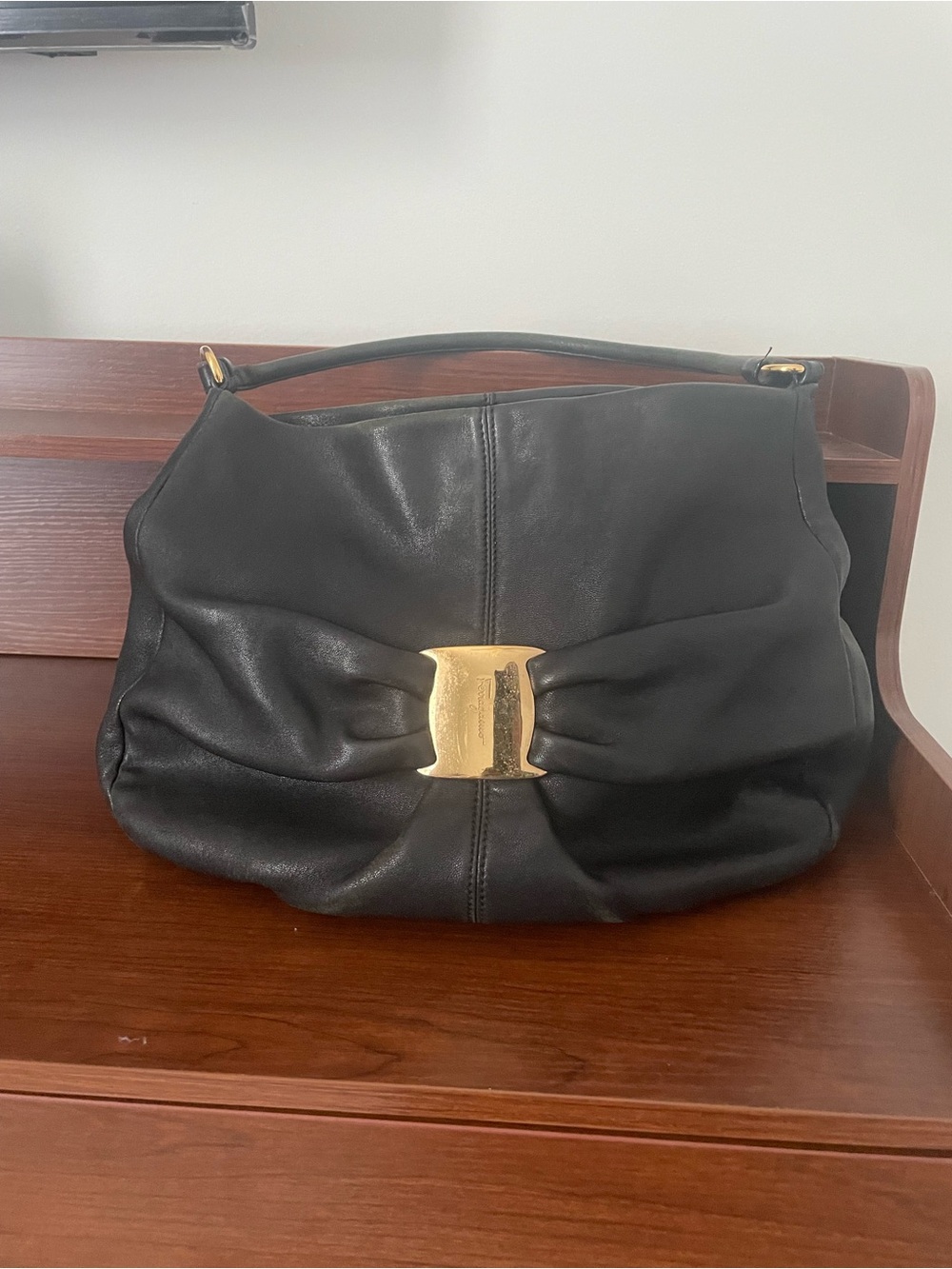 Ferragamo Black Leather Shoulder Bag with Gold Buckle